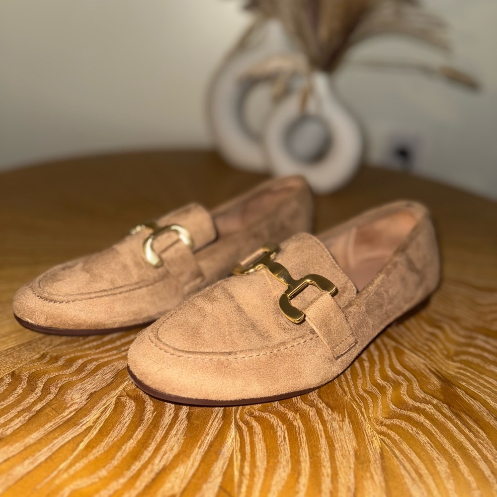 Tan Suede Loafers with Gold Accent